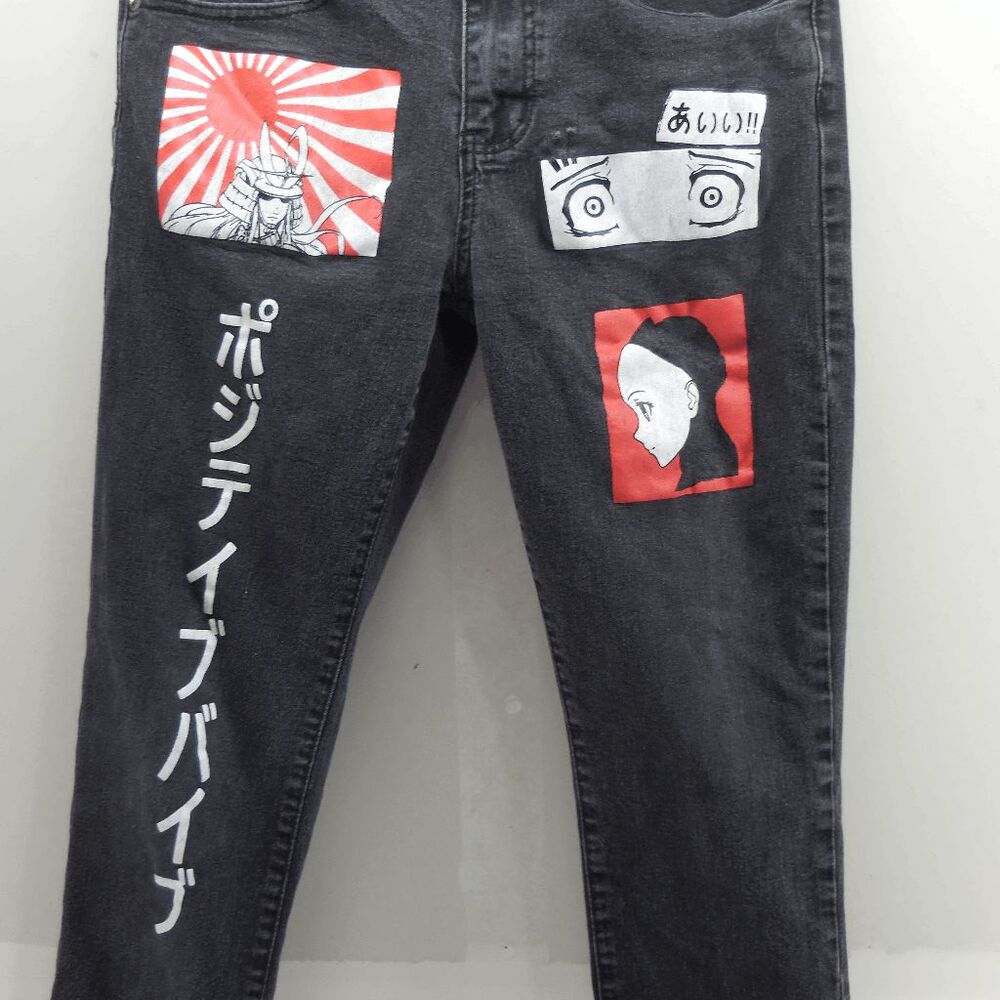 Smoke &‎ Ash Jeans Mens Size 30x28 Black Denim Samurai Japan Anime Graphic